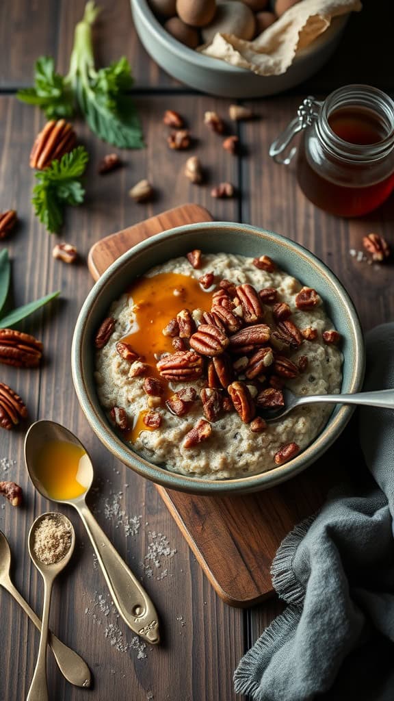 A bowl of overnight oats topped with toasted pecans and a drizzle of brown sugar, surrounded by ingredients on a rustic wooden table.