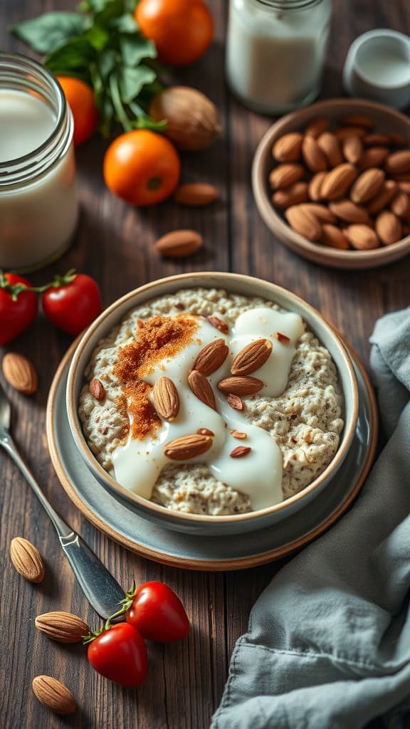 A bowl of creamy overnight oats topped with brown sugar, almonds, and fresh fruits.