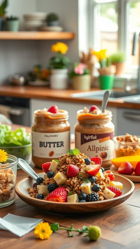 A beautifully arranged parfait bar setup with yogurt, fresh fruits, nuts, and various nut butters.