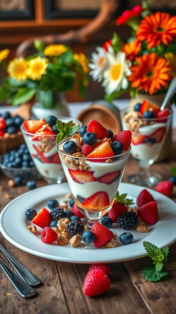 A delightful display of yogurt parfaits featuring layers of strawberries, blueberries, and raspberries, perfect for a brunch party.