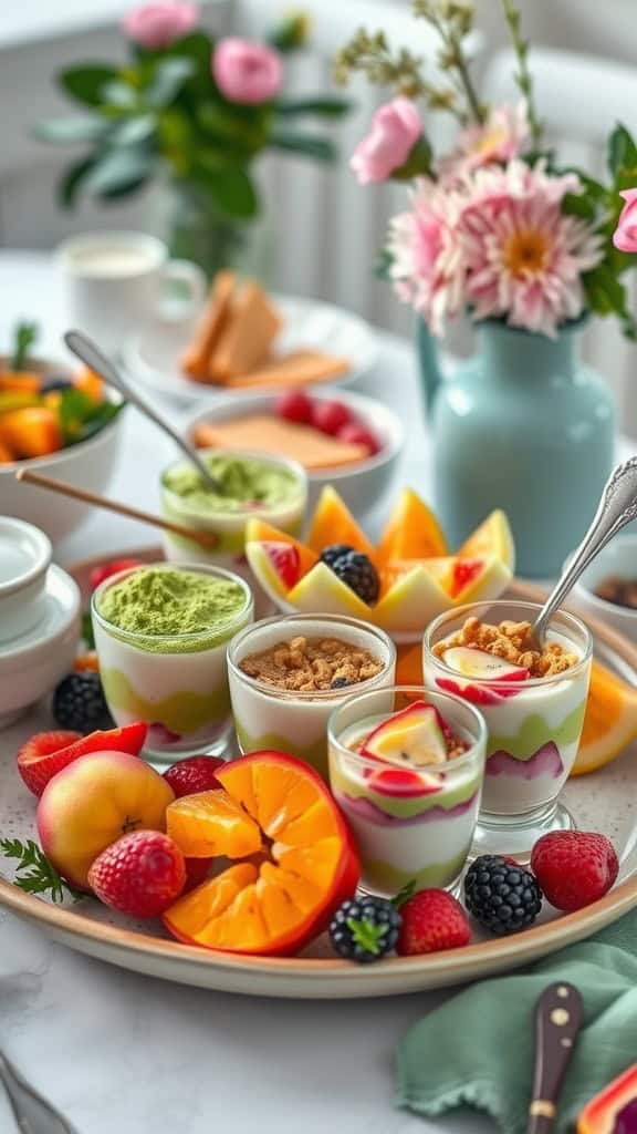 Delicious yogurt parfaits with matcha, lychee, and passionfruit, served with fresh fruits and granola.