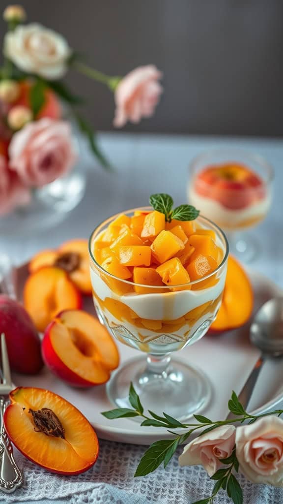 A Peach and Cream Wedding Bliss Parfait in a glass, layered with vanilla pudding and diced peaches.