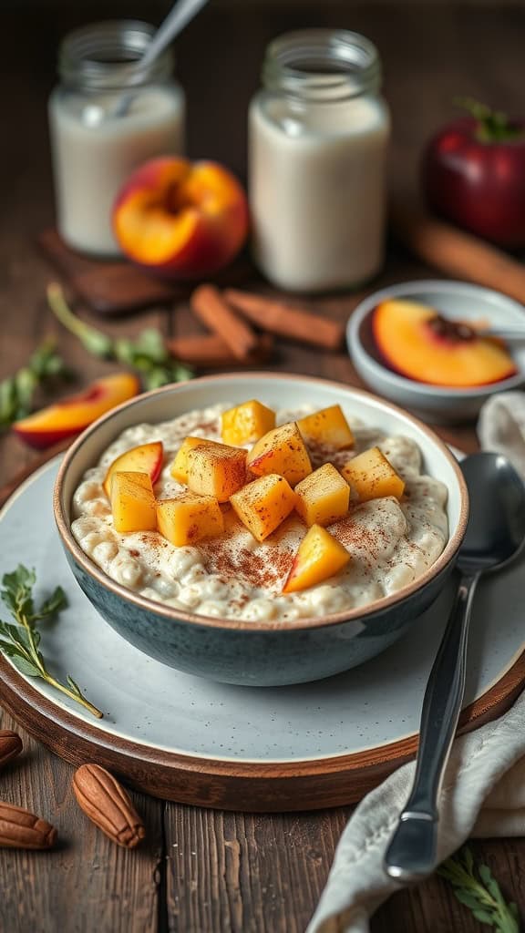 Bowl of peach cobbler overnight oats topped with diced peaches and cinnamon