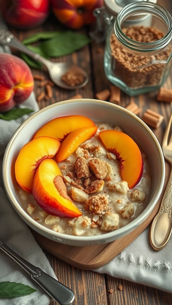 Bowl of peach cobbler overnight oats topped with fresh peach slices and brown sugar