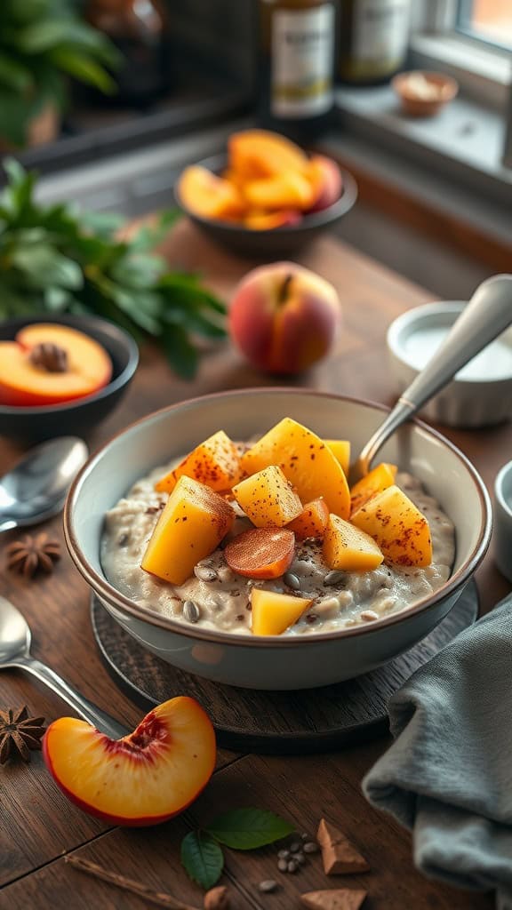 Bowl of peach cobbler overnight oats topped with diced peaches and a sprinkle of cinnamon.