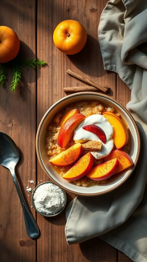 Peach Cobbler Overnight Oats with slices of peach and yogurt on top.