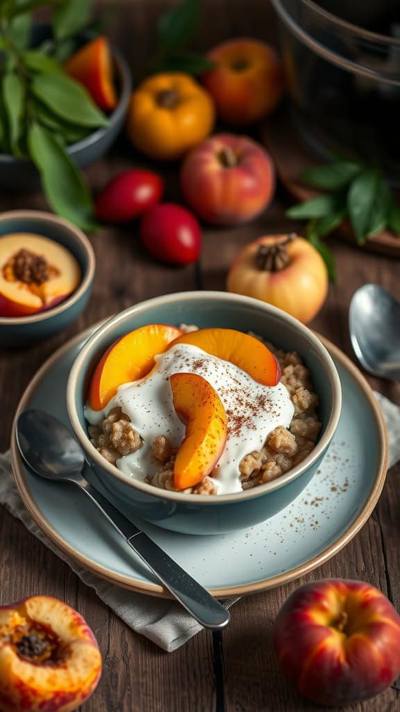 A bowl of peach cobbler overnight oats topped with peach slices and yogurt.