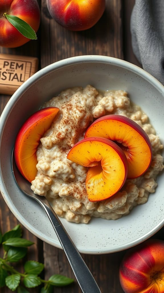 Peach Cobbler Overnight Oats with peach slices and cinnamon