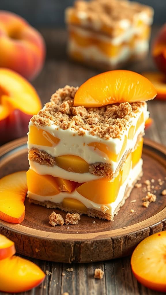 Delicious Peach Cobbler Parfait Bars with layers of vanilla pudding, peaches, and graham crackers