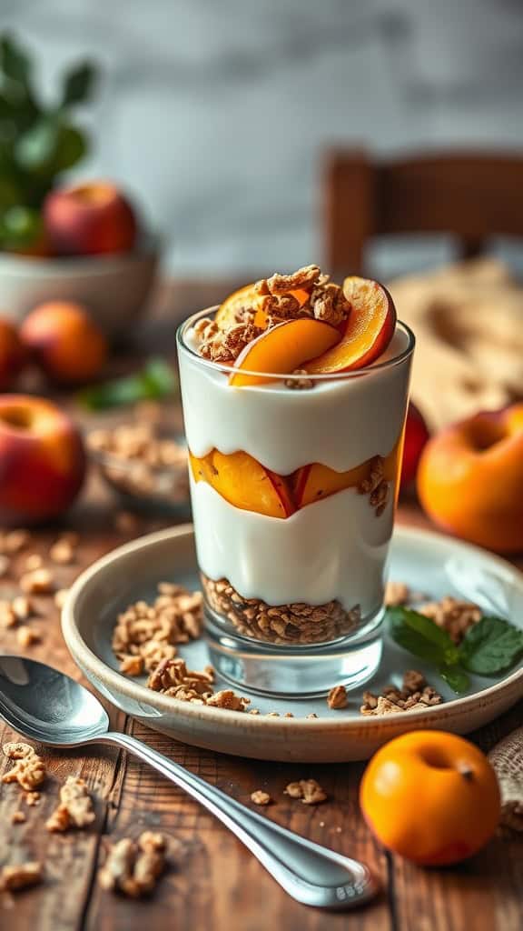 A delicious Peach Cobbler Parfait with layers of yogurt, baked peaches, and cinnamon granola.