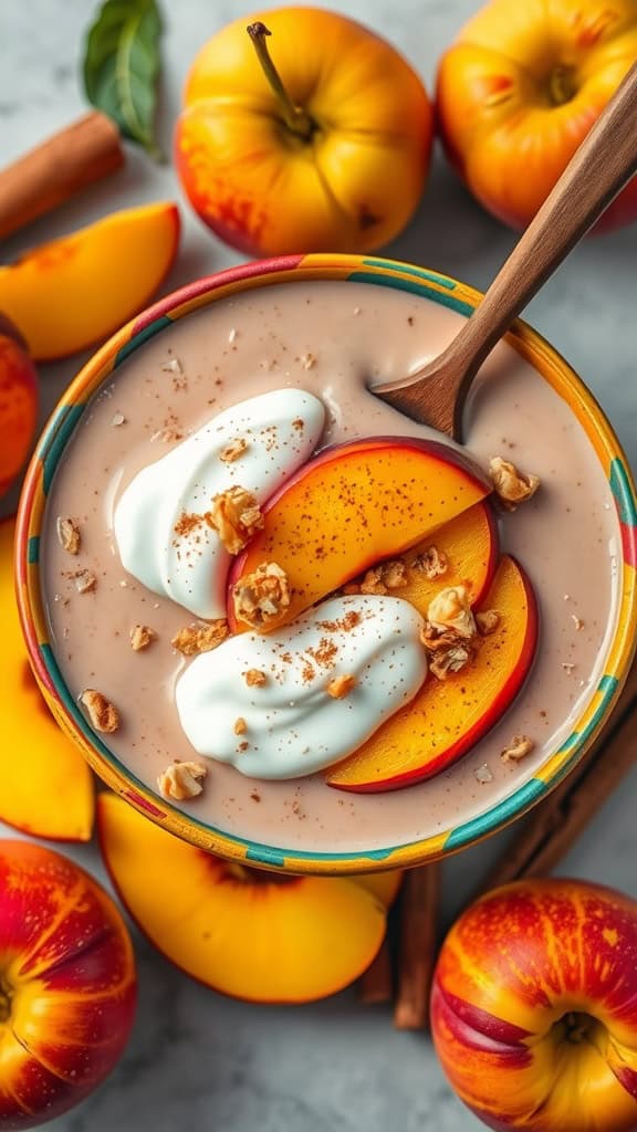 A colorful Peach Cobbler Smoothie Bowl topped with peach slices and granola.
