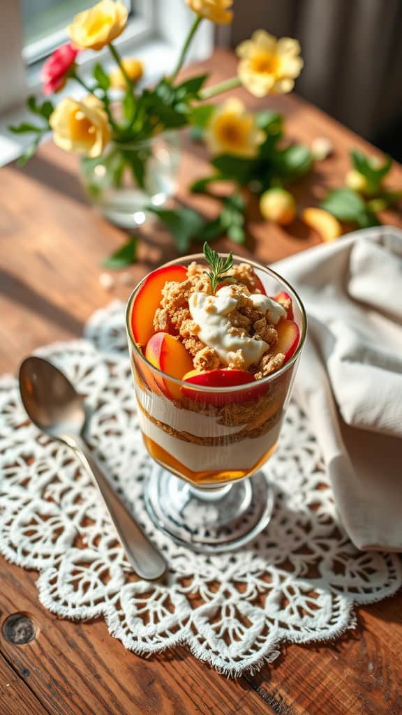 A beautifully layered peach parfait with yogurt and almond crumble.