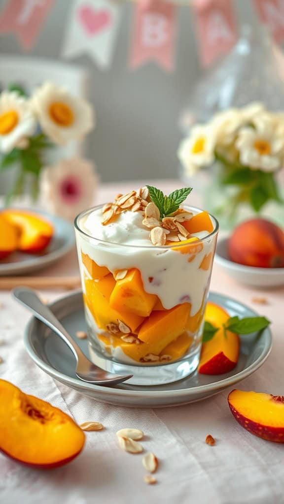 Peachy Delight Baby Shower Parfaits with yogurt, peaches, and almond slivers.