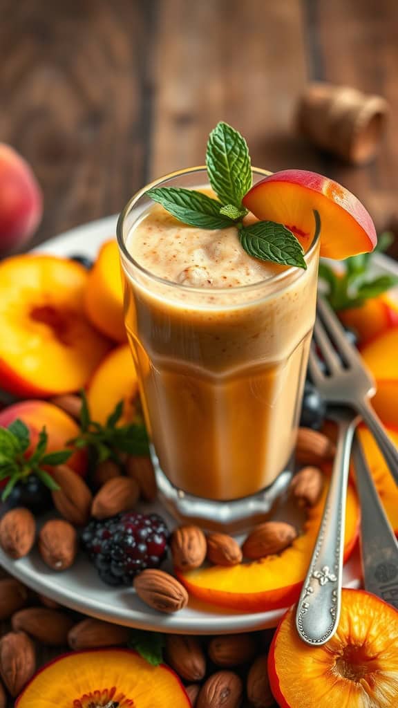 A refreshing peach smoothie with peach slices and mint garnishing