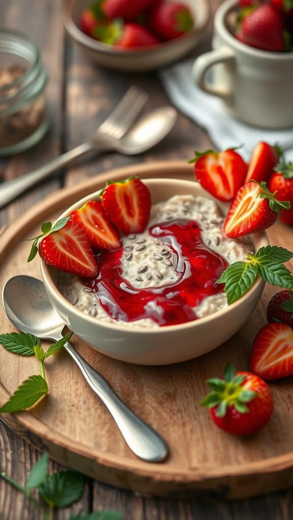 Peanut-Free PB&J Overnight Oats with almond butter and strawberry jam