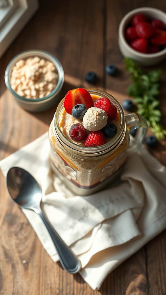 A jar of peanut butter and jelly overnight oats topped with berries and a spoon beside it.