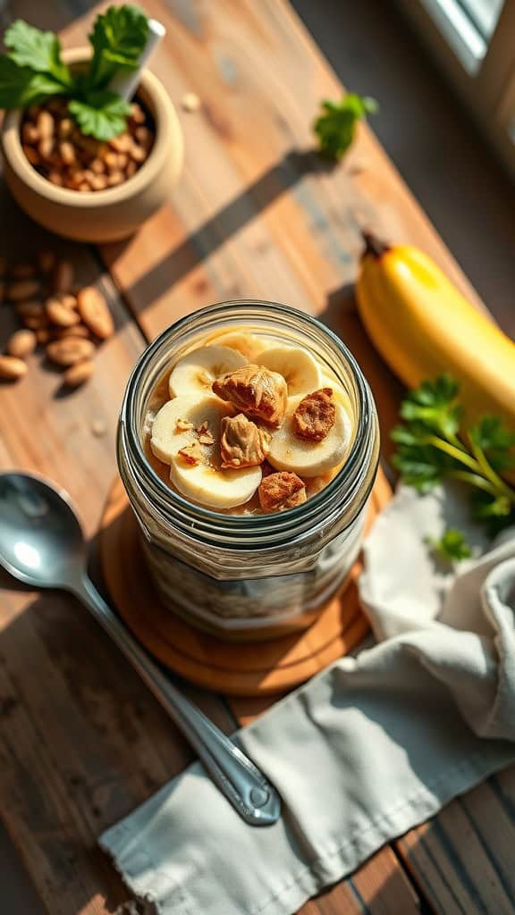 Peanut Butter Banana Overnight Oats in a jar with sliced bananas and peanut butter topping.