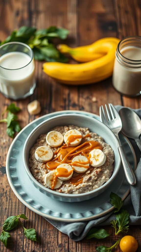 Bowl of peanut butter banana overnight oats topped with banana slices and peanut butter drizzle.