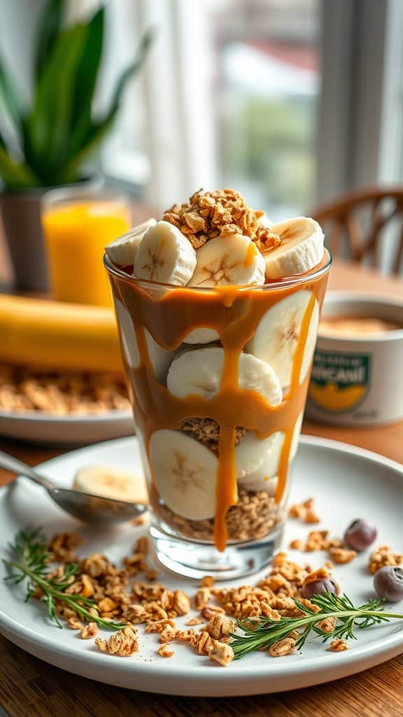 Peanut butter banana parfait with yogurt, banana slices, and granola