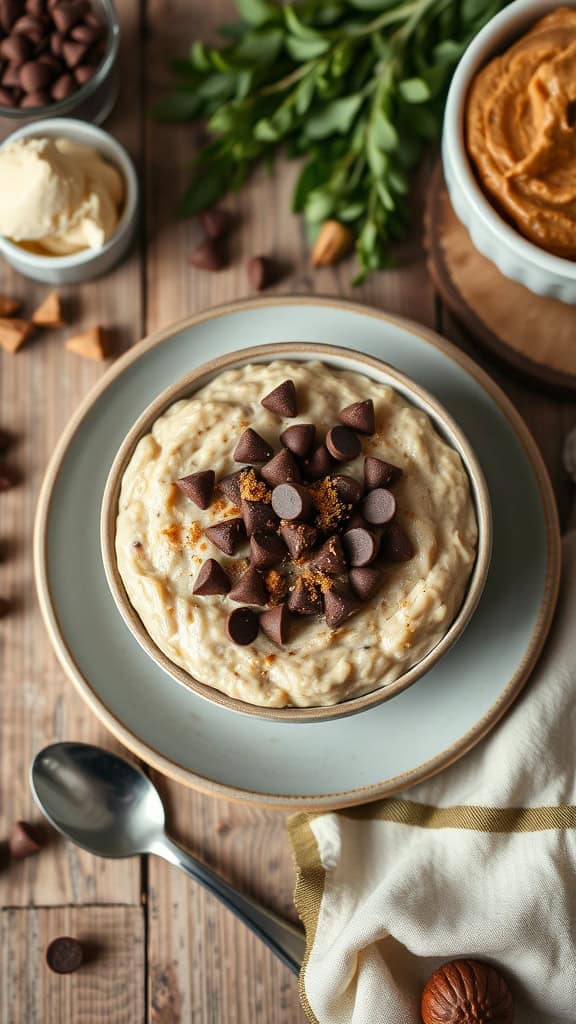 Bowl of peanut butter cup overnight oats topped with chocolate chips and brown sugar