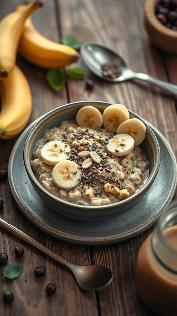 A bowl of peanut butter overnight oats topped with banana slices and chia seeds.