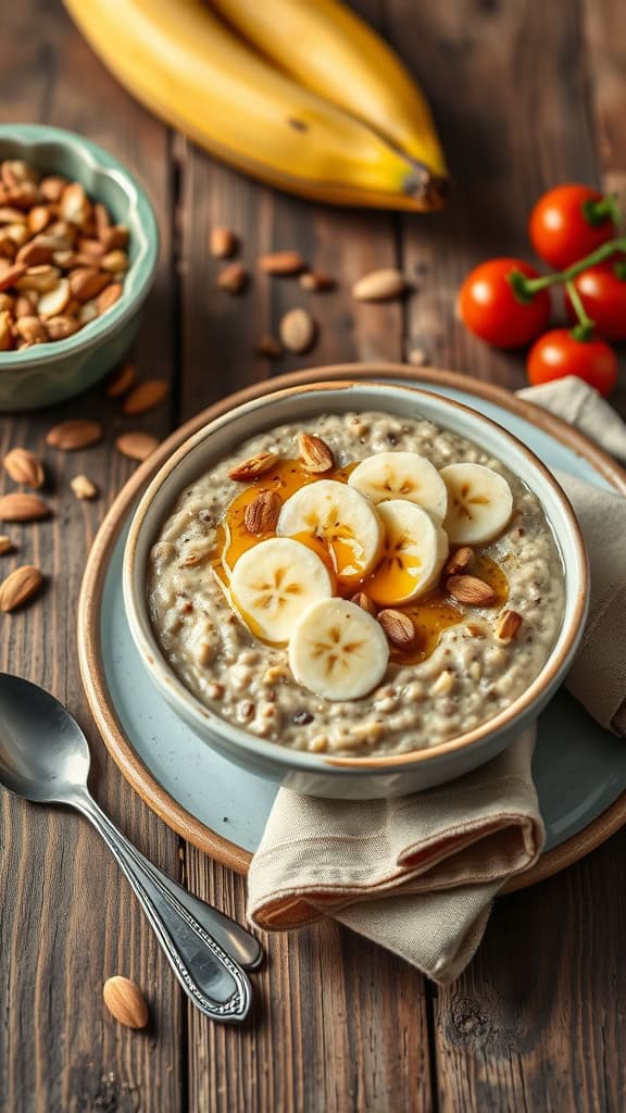 Bowl of peanut butter banana overnight oats topped with sliced bananas and almonds