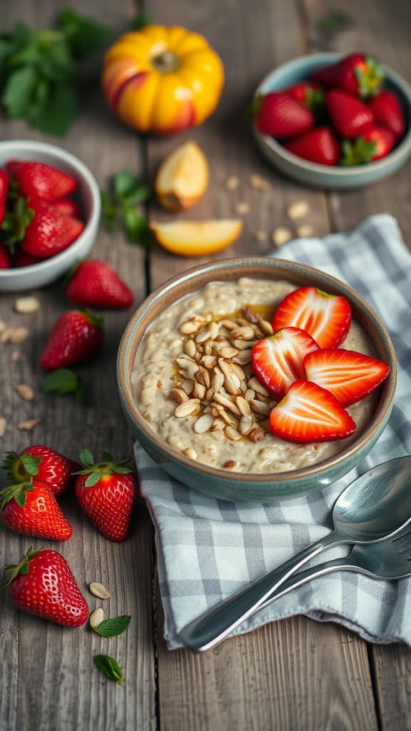 A bowl of peanut butter overnight oats topped with strawberries and seeds, surrounded by fresh strawberries.