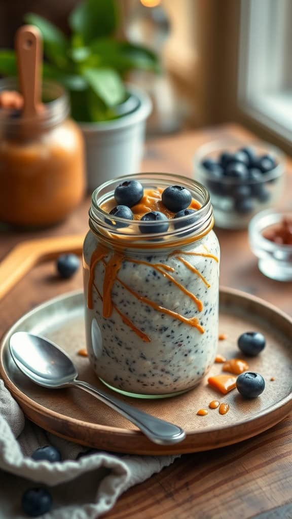 Peanut Butter Overnight Oats with blueberries in a jar
