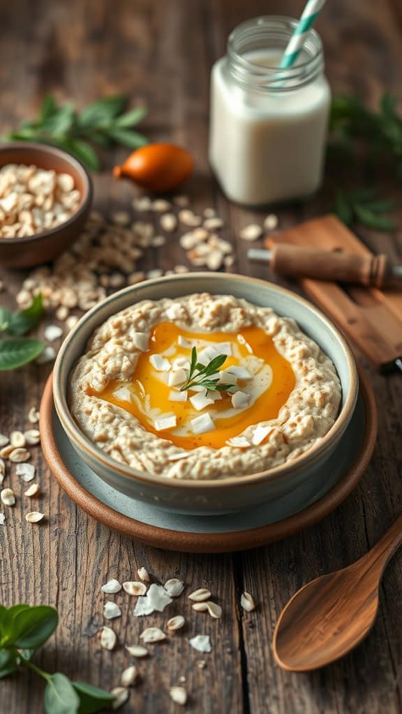 A bowl of peanut butter overnight oats with coconut milk topped with honey and coconut flakes.