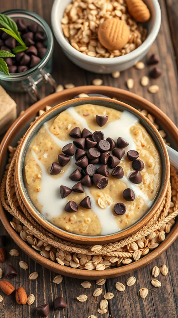 Bowl of Peanut Butter Overnight Oats topped with chocolate chips.