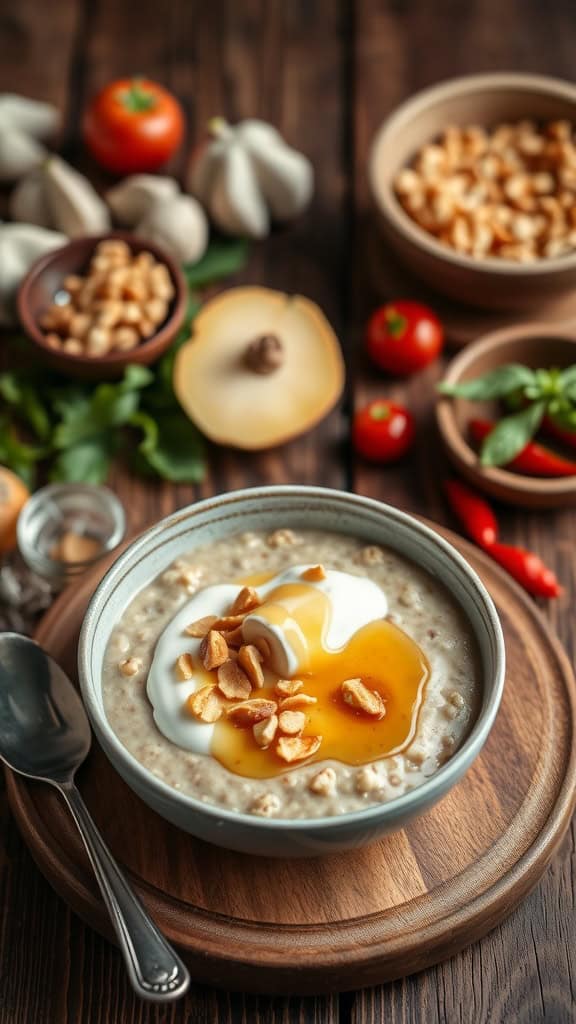A bowl of peanut butter overnight oats topped with yogurt and chopped peanuts.