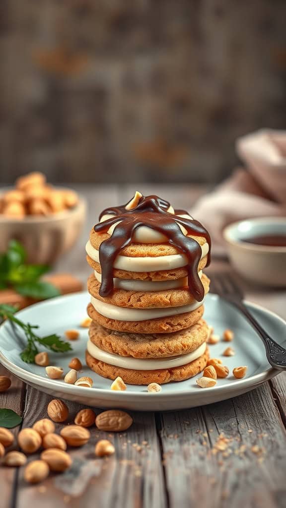 Peanut Butter Parfait Cookies stacked with chocolate drizzle