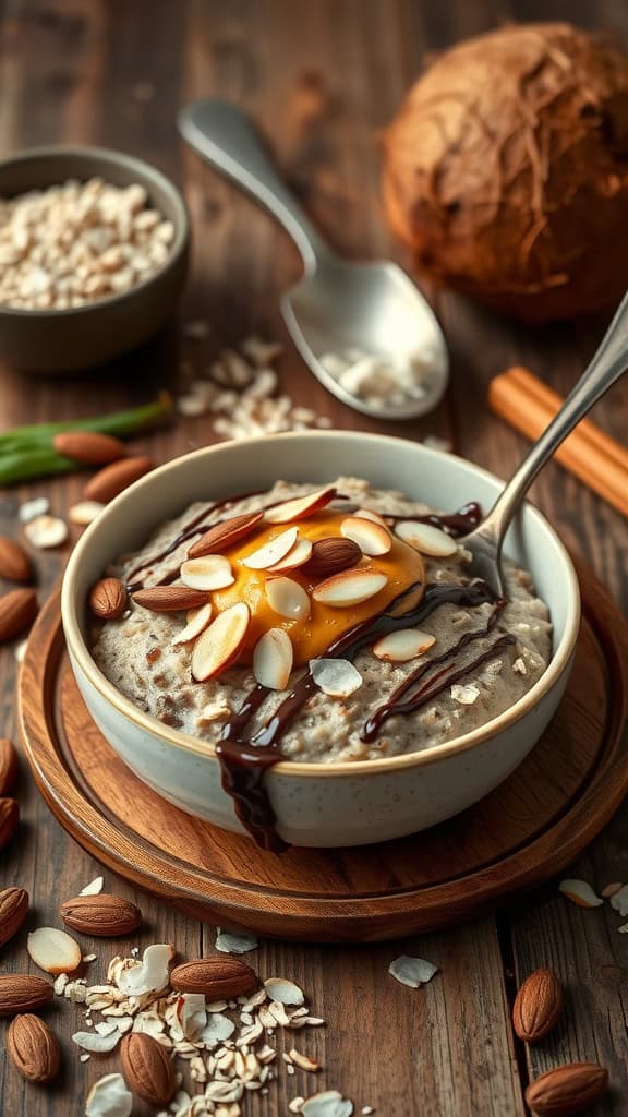 A bowl of peanut butter twist overnight oats topped with coconut flakes and almonds.