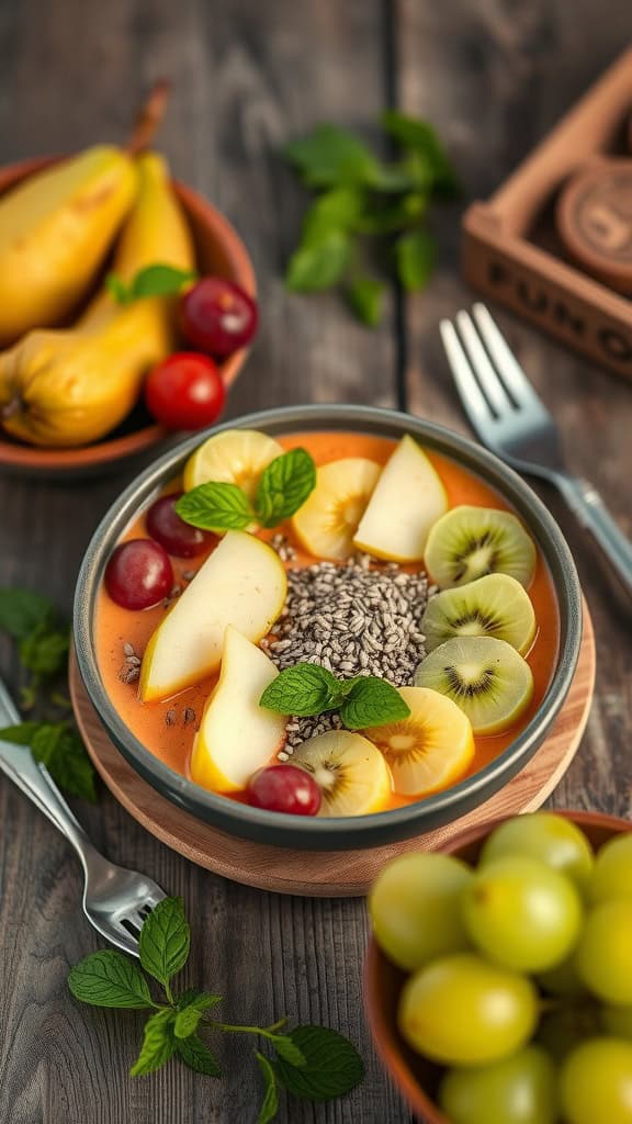 A refreshing Pearfection 4 Fruit Smoothie made with pear, kiwi, pineapple, and green grapes.