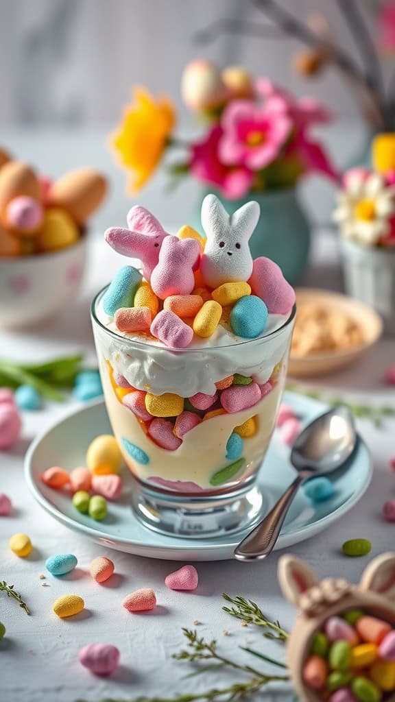 Colorful Easter parfait topped with marshmallow Peeps and candy