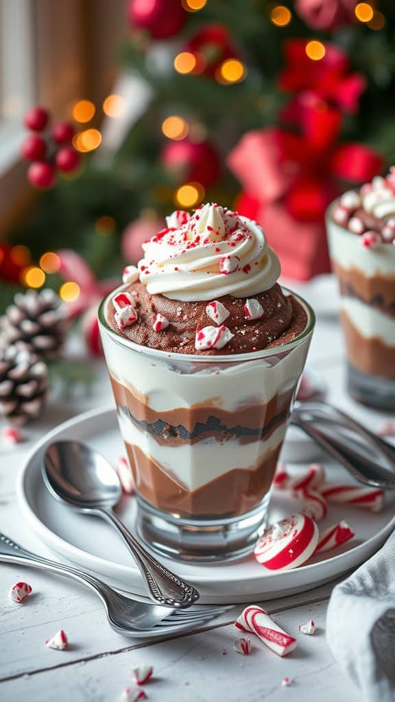 Peppermint Mocha Holiday Parfaits with layers of chocolate mousse, whipped cream, and crushed peppermint.