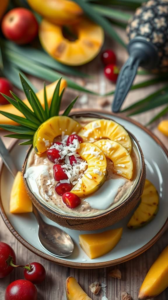 A delicious Piña Colada Smoothie Bowl topped with pineapple slices, cherries, and shredded coconut.