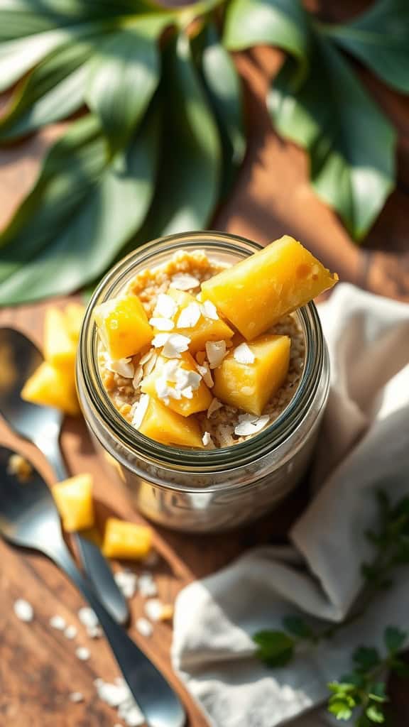Pineapple Coconut Overnight Oats in a jar with pineapple chunks and coconut flakes