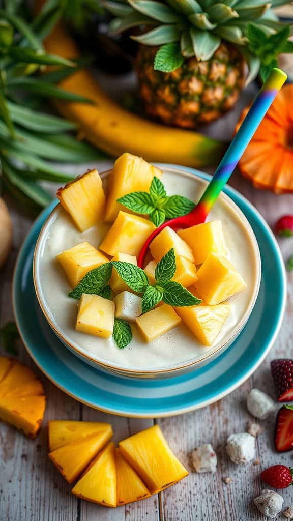Pineapple Mint Smoothie Bowl with pineapple chunks and mint leaves
