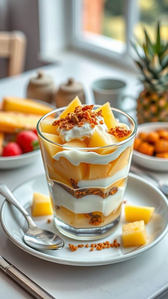A layered breakfast parfait made with yogurt, pineapple chunks, and caramel granola.