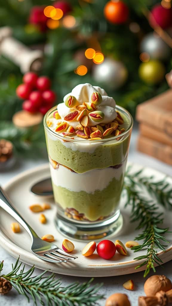 Delicious pistachio parfait layered with cream and topped with crushed pistachios.