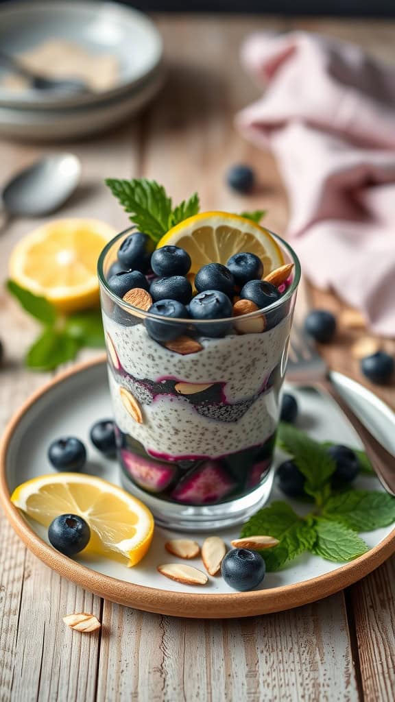 A delicious protein-packed lemon blueberry parfait with chia seeds and almonds, served in a glass.