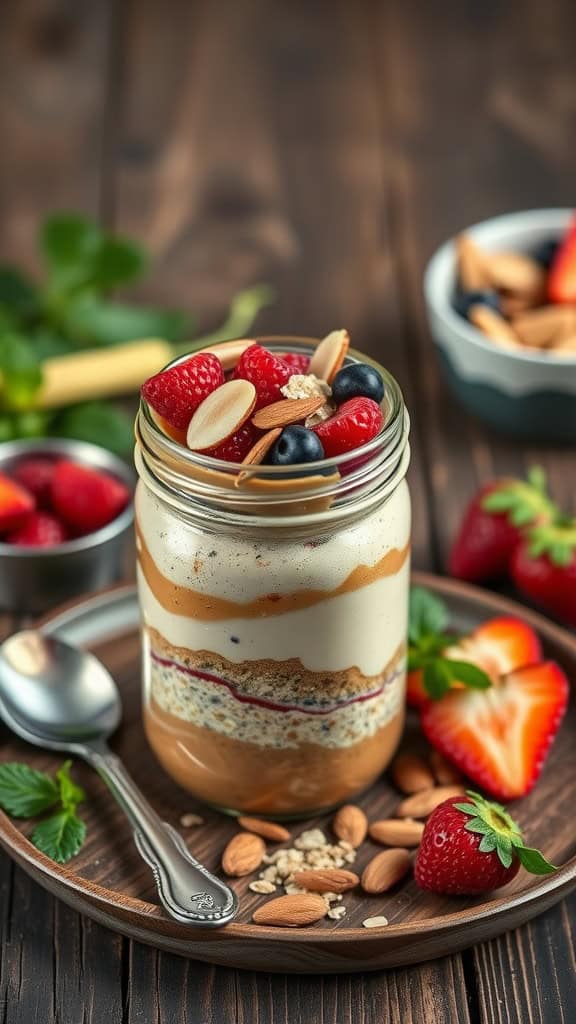 A mason jar filled with layered overnight oats featuring almond butter, topped with fresh berries and almonds.