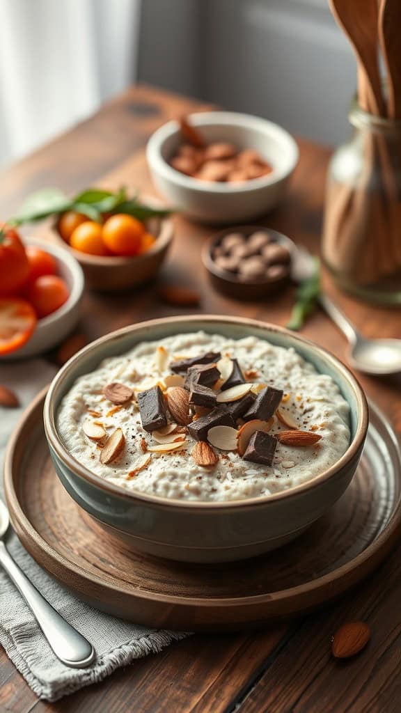 A bowl of almond joy overnight oats topped with almonds and chocolate chunks