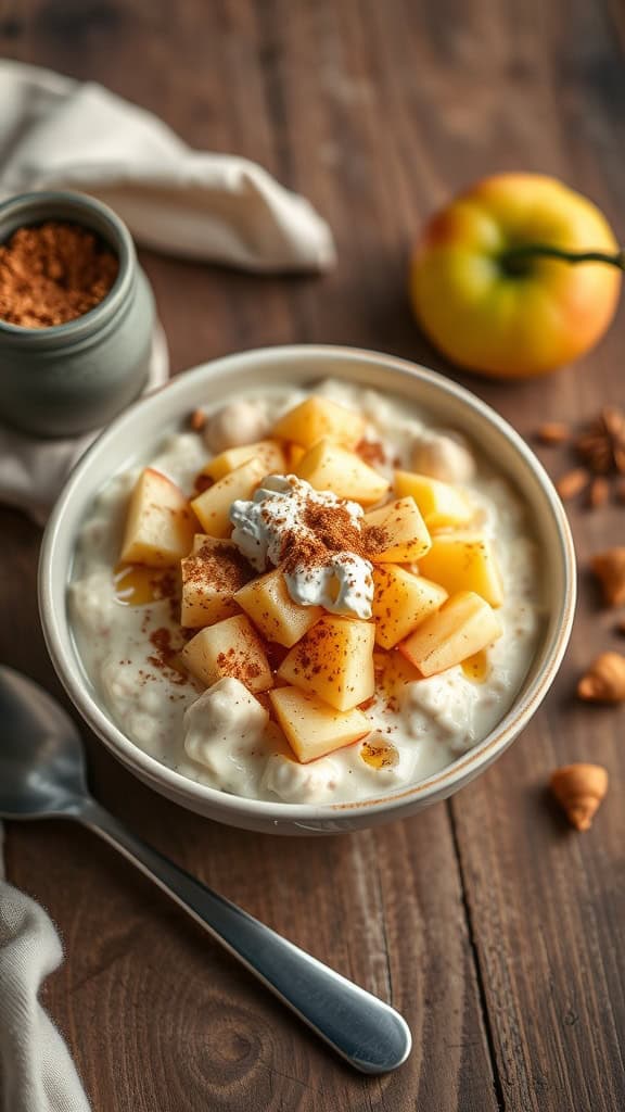 A bowl of protein-packed overnight oats featuring diced apples and a sprinkle of cinnamon.