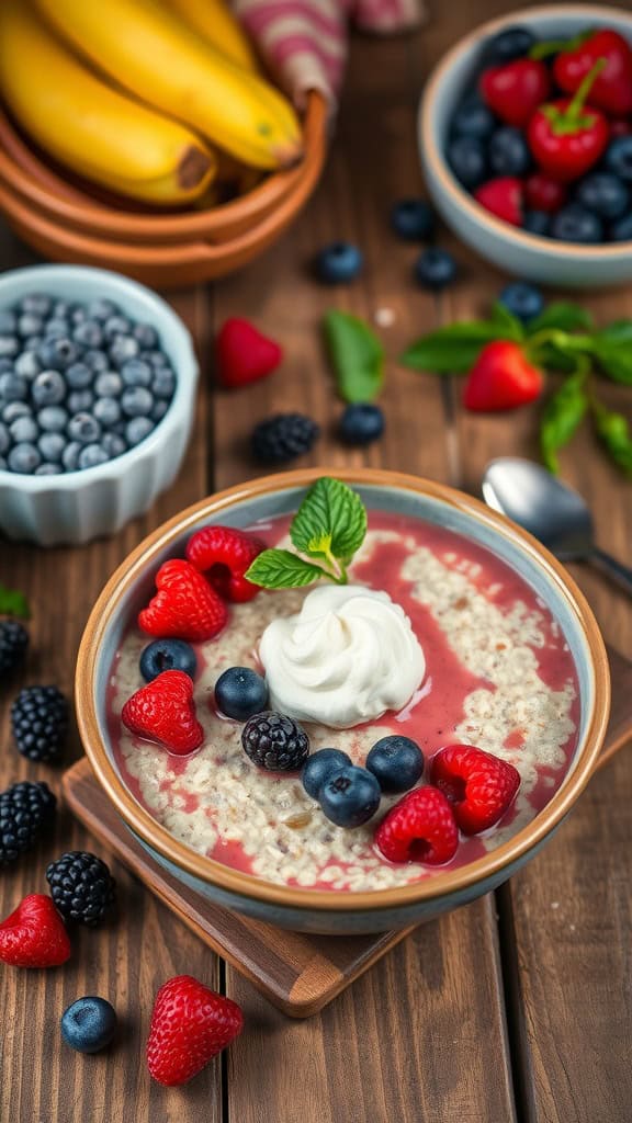 A bowl of berry overnight oats topped with mixed berries and yogurt.