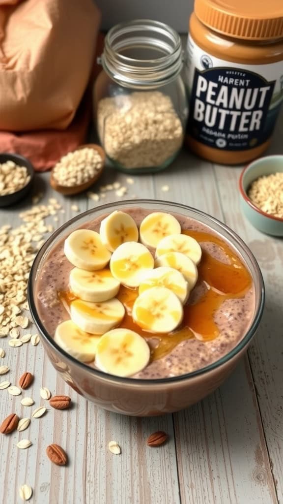 Protein-Packed Overnight Oats Chocolate Peanut Butter: Oats, protein powder, peanut butter