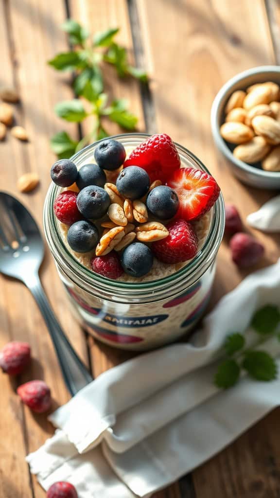 Healthy protein-packed overnight oats in a jar topped with fruits and nuts.