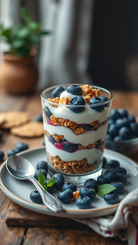 A layered protein-packed parfait with Greek yogurt, granola, and blueberries.