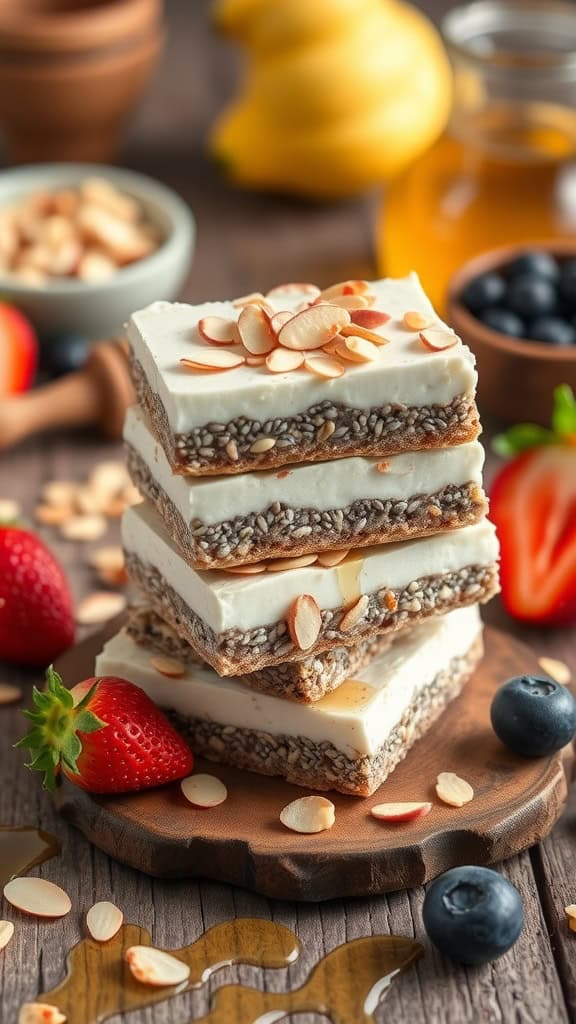 Protein Boost Parfait Bars with chia seeds and sliced almonds